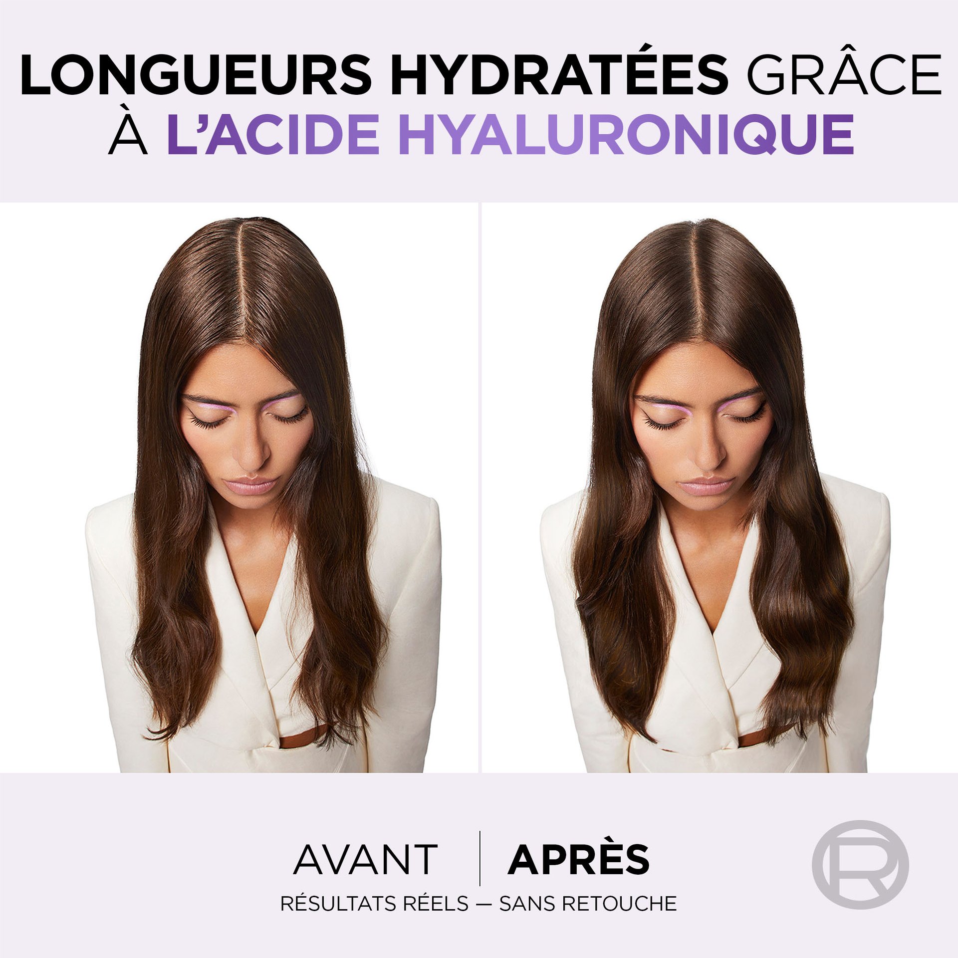 1 femme avant et après l'utilisation du revitalisant hyaluron pure avec des longueurs hydratées